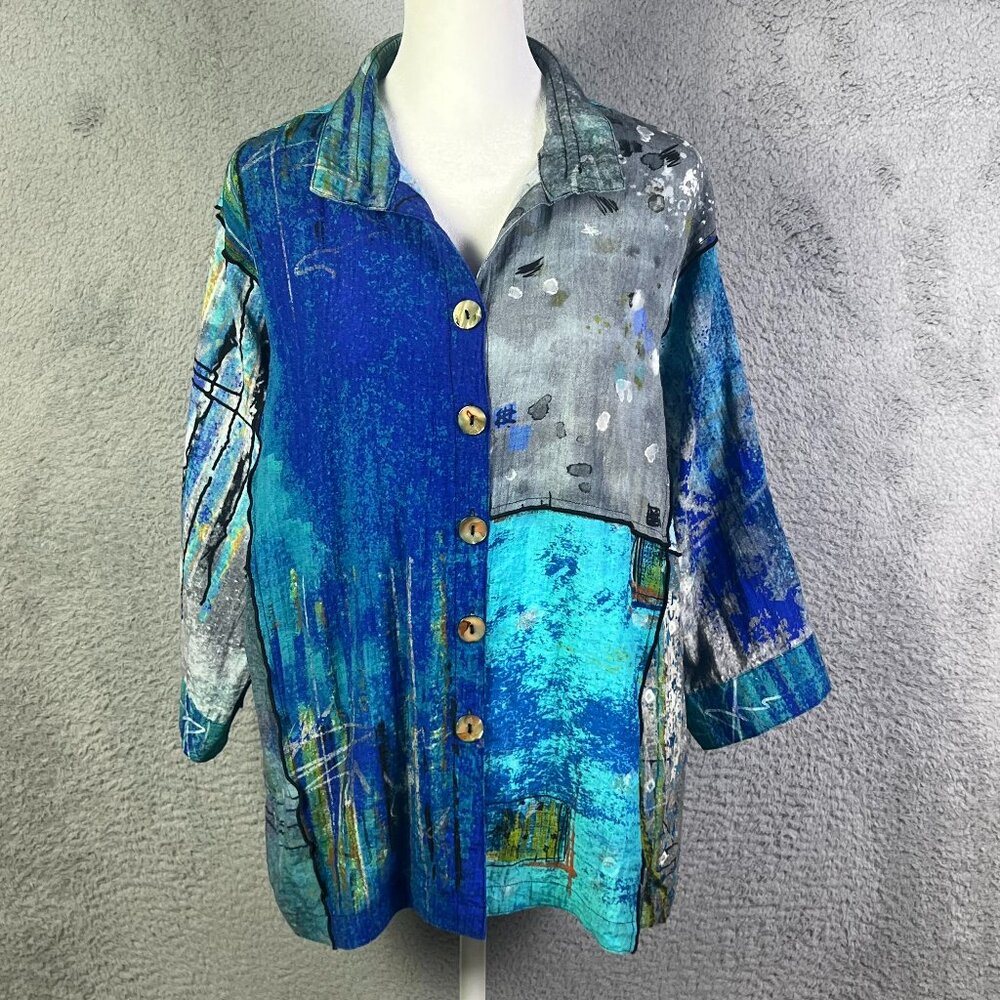 John Mark Blouse Womens PL Blue Abstract Art Wire Collar Button Tunic Top Boho